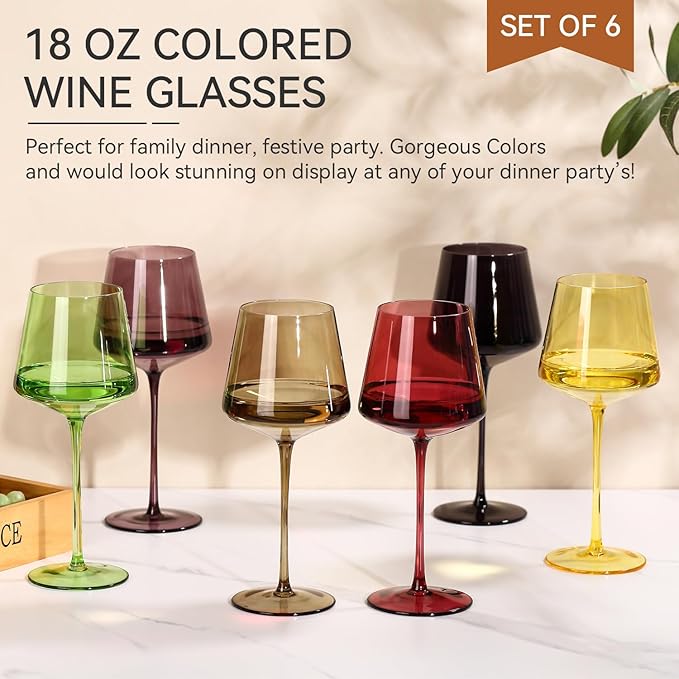 Colored Wine Glasses Set of 6-18oz【Hand Blown】Sunset Colorful Wine Glasses with Stem-Muticolor Wine Glass