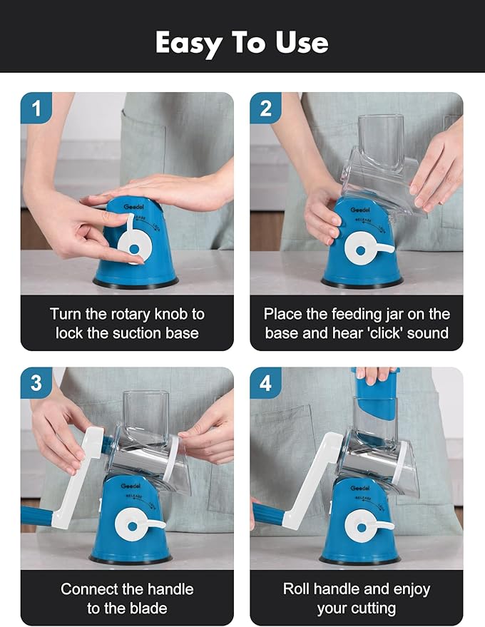 Geedel Rotary Cheese Grater Cheese Shredder - Upgraded 5-in-1 Cheese Grater with Handle and Strong Suction Base, Multi-purpose Vegetable Slicer Ice Shaver Nuts Grinder for Ice, Vegetables, Fruit, Nuts