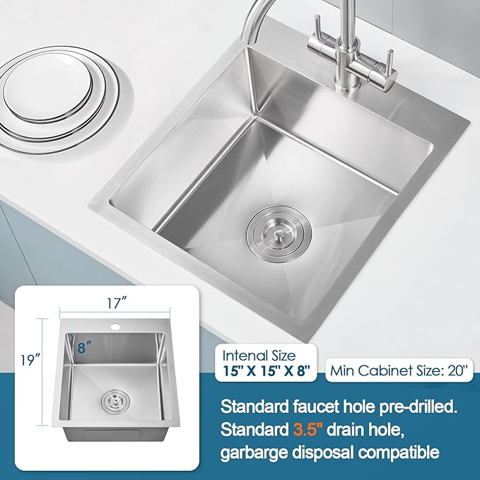 ROVOGO 17x19x8 in. Bar Sink Drop in, Top Mount Kitchen Sink Single Bowl 304 Stainless Steel, Small Wet Bar Prep Sinks with 1 Hole, Brushed