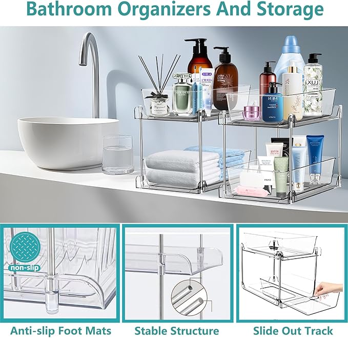 2 Pack Clear Under Sink Organizers, Pull Out Cabinet Organizer,2 Tier Bathroom Storage Organizer,Cabinet Drawers Organization Bins with Track for Kitchen,Pantry,Fridge,Vanity