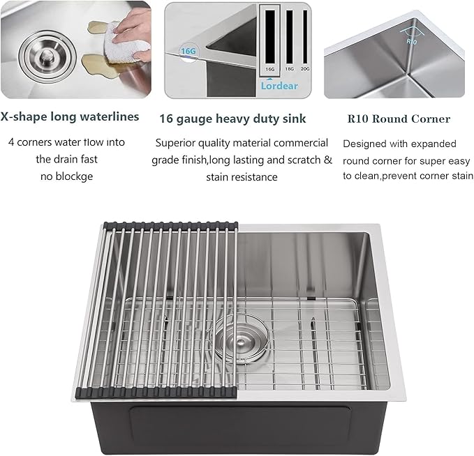 Lordear Bar Sink Undermount 21 inch Bar Prep Kitchen Sink 16 Gauge Stainless Steel Single Bowl Kitchen Sink Basin 21" x 18" Handmade