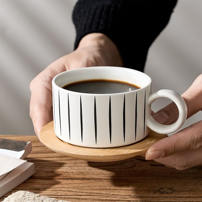 LUKA 6 Ounce Porcelain Stackable Espresso Cups with Saucers and Metal Stand Set of 4, Ceramic Cappuccino Cups Set for Specialty Coffee Drinks, Latte, Cafe Mocha and Tea, Stripes, White