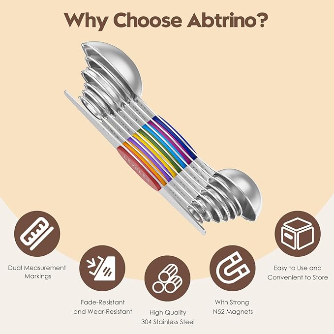 Magnetic Measuring Spoons Set of 8 - Heavy Duty 304 Stainless Steel, Triple Measurement Markings, Strong N52 Magnets, Easy to Clean, Space-Saving with Leveler Included (Colorful)