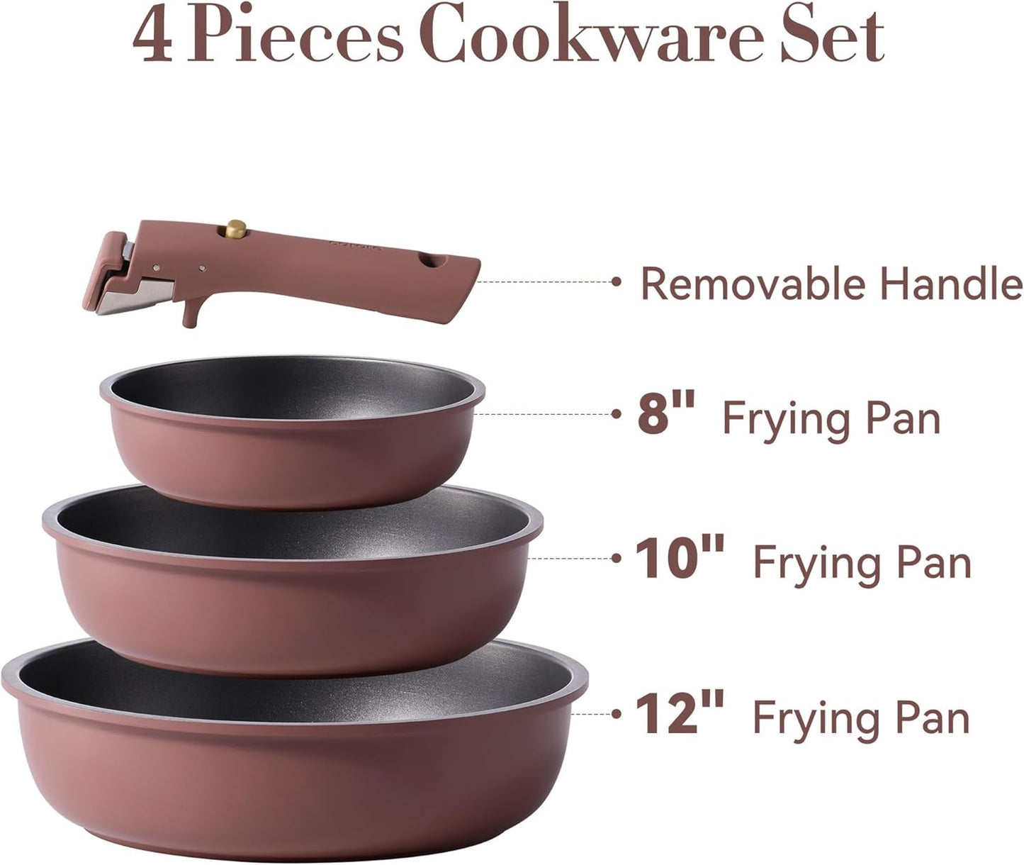 CAROTE 4pcs Non Stick Frying Pans, 8"+10"+12” Frying Pan Egg Pan Omelet Pans with Detachable Handle, Nonstick Cookware, PFOA Free, Induction Compatible & Oven Safe, Dishwasher Safe, Red