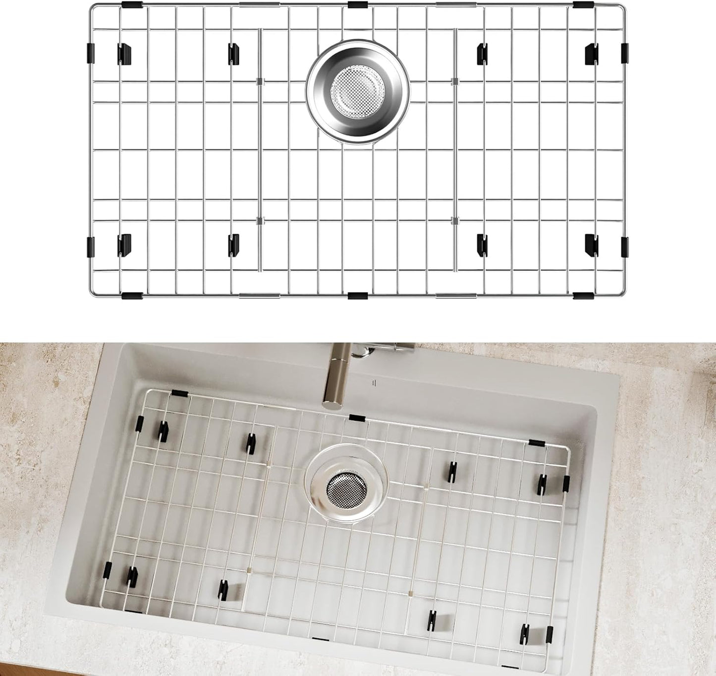 26-1/8’’ x 14-1/8’’ Stainless Steel Sink Grid, Sink Protectors for Kitchen Sink, Sink Protector with Rear Drain for Single Sink Bowl, Sink Bottom Grid, Sink Grate for Bottom with Sink Strainer