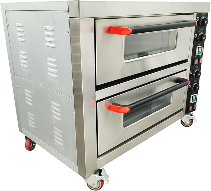 220V Commercial Pizza Oven 6.4KW Single Phase Stainless Steel Double-Deck 2 Baking Sheets Countertop Electric Movable Pizza Oven with Universal Wheels for Commercial Use