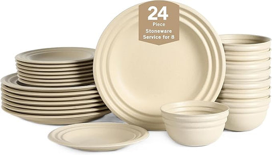 Stone Lain Zen Stoneware 24-Piece Dinnerware Set, Service for 8, Beige, Includes Salad & Dinner Plates, Bowls, Textured Sand Finish, Microwave & Dishwasher Safe