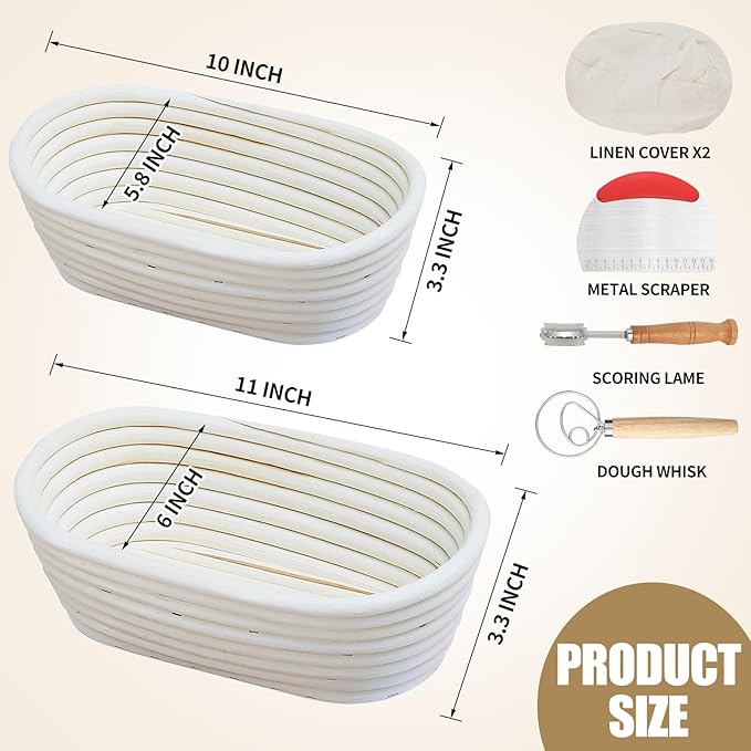 Banneton Bread Proofing Basket, Sourdough Bread Baking Supplies, Oval Rattan Rising Proofing Baskets Bowls Set of 2, Artisan Sourdough Bread Gifts for Home Bakers