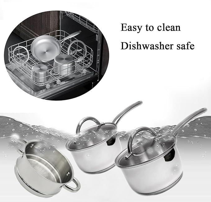 Stainless Steel Saucepan Glass Lid Casting Steel handle Induction Impact Bonded 8 PCS Set Steamer