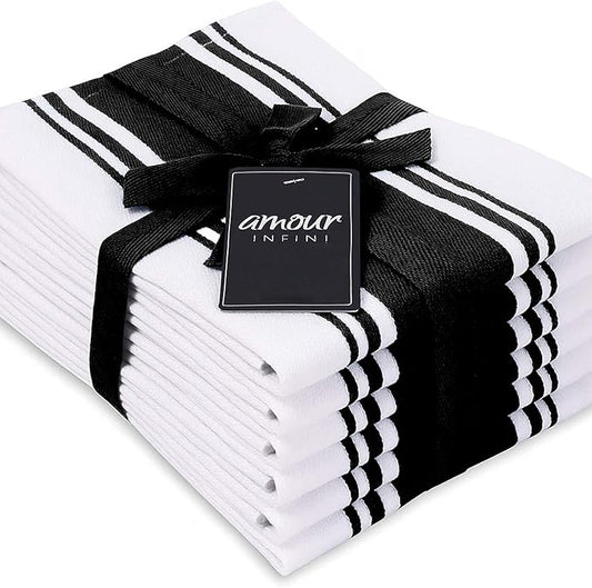 AMOUR INFINI Kitchen Towels 100% Cotton Pack of 6, Highly Absorbent Quick Drying Super Soft Premium Dish Towel for Kitchen with Hanging Loop Hand & Tea Towels - 20x28 Inch (Black)