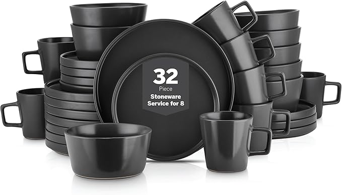 Stone Lain Celina Stoneware 32 Piece Dinnerware Set, Plates and Bowls, Black Matte Dish Collection, Service for 8 – Contemporary Minimalist Style, Microwave & Dishwasher Safe