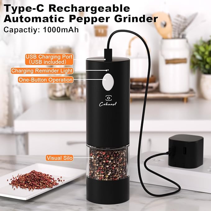 Electric Pepper or Salt Grinder, COKUNST USB Rechargeable Automatic Pepper Grinder with Visual Silo & LED Light, Black Pepper Grinder Mill Refillable Washable, One Hand Operated, Fits in Home Kitchen