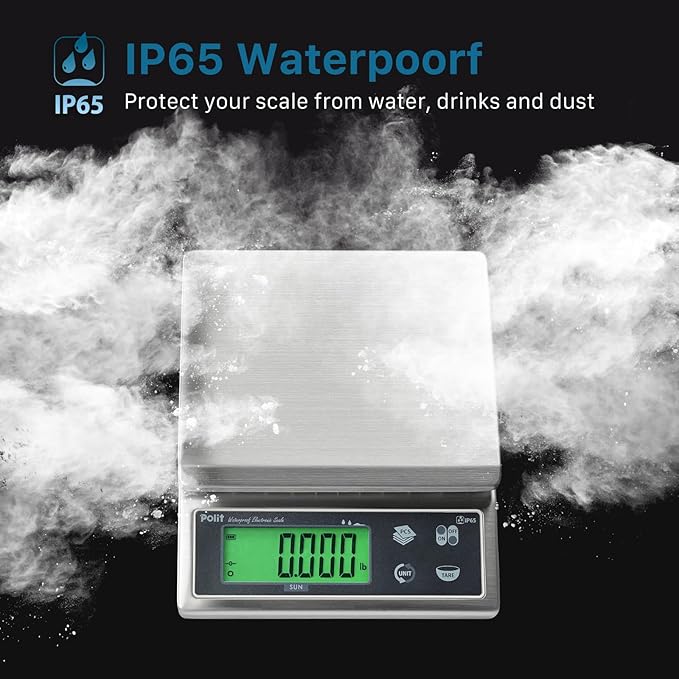 Polit Sun Rechargeable Food Scale for Kitchen13lb/6kg, 0.02oz/0.5g Precision IP65 Waterproof Kitchen Scale with LCD Display Stainless Steel Top, Grams & Ounces for Seafood, Baking & Restaurants