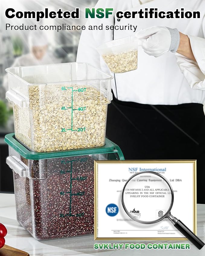 8QT NSF Food Storage Containers: 8 PCS [Food Grade][Hot&Cold Resistant] Commercial Clear Square Food Storage Containers with Scales Handles for Home Restaurant Kitchen Proof Dough(BPA FREE-GREEN)