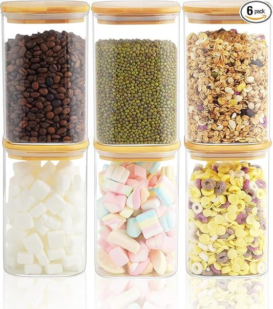 37 oz Glass Food Storage Jars - Set of 6 Glass Canister Sets Square Pantry Storage Containers with Lids for Serving Tea, Coffee, Flour, Sugar, Candy, Cookie, Spice and More
