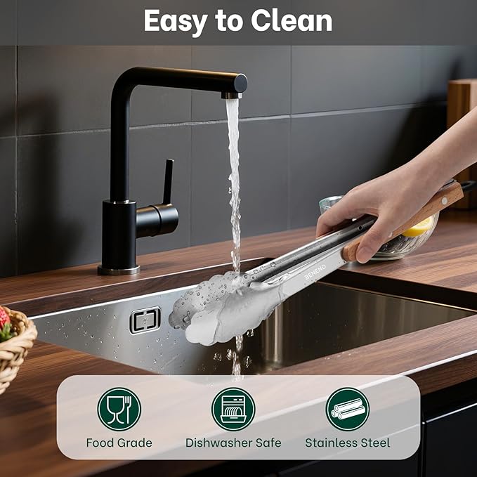 Beneno 12-Inch Stainless Steel Kitchen Tongs for Cooking with Heat-Insulating Wooden Grip Handle, Heavy Duty Heat-Resistant Metal Locking Tongs with Strong Scalloped Tips for Cooking, BBQ, Grab Food