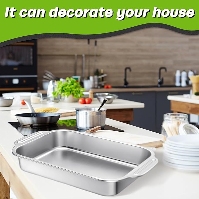 2 Pcs Stainless Steel Cake Pan Rectangle Sheet Baking Pan Bakeware for Fish Cakes Breads Casseroles Fish Vegetables Dishwasher Safe(Handle,12" X 8" X 2.17")