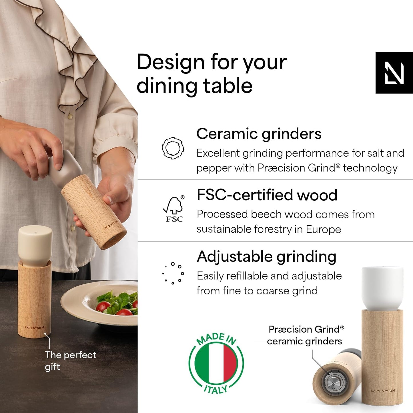 LARS NYSØM Wooden Salt and Pepper Grinder Set Manual - Salt and Pepper Mills with Adjustable Ceramic Grinder - Elegant Beechwood Pepper and Salt Mill Set for Dining Table (Black/White)
