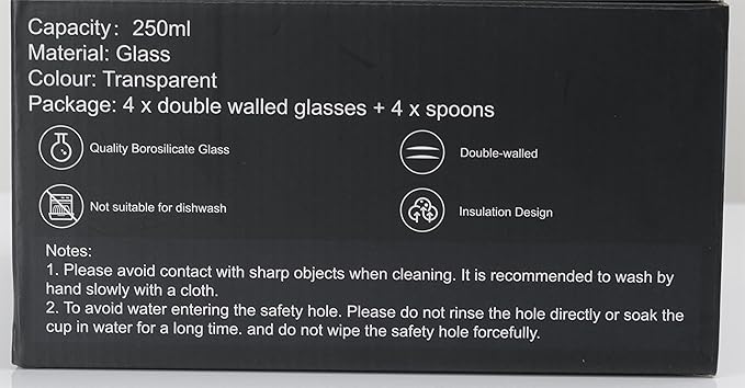 LIBWYS 4 Pack 250ml Double Walled Glass Coffee Mugs with 4 Spoons, Cappuccino Latte Tea Cups with Handle, Heat Resistant Drinking Glasses