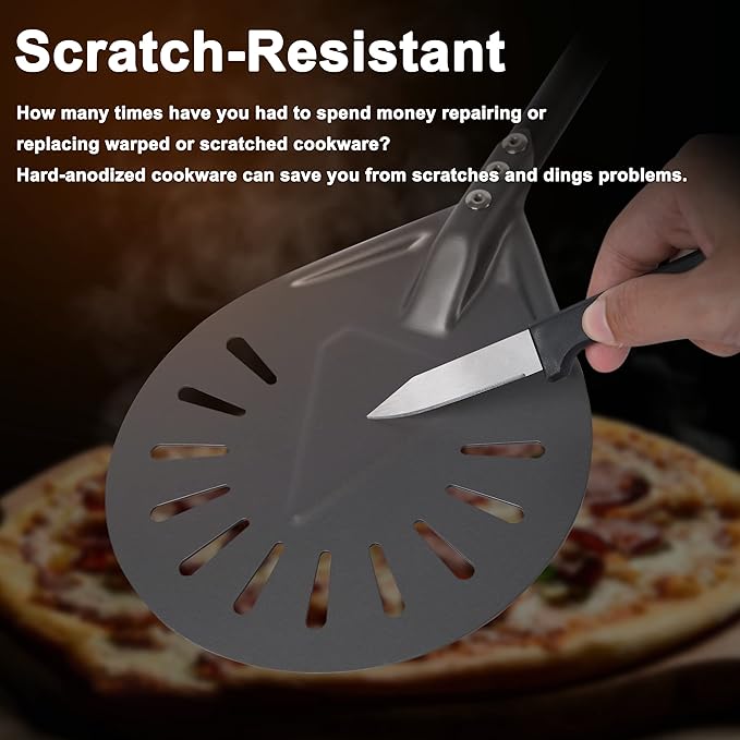 Pizza Turning Peel - 8 Inch Aluminum Perforated Turner With 32 Inch Long Handle, Lightweight Metal Peel for Outdoor Oven Accessories