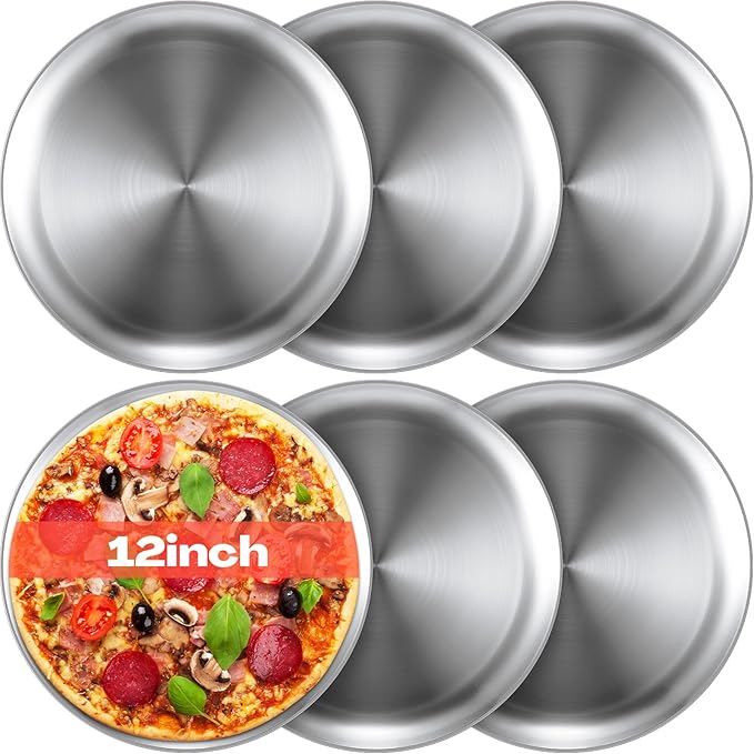 Thenshop 6 Pieces 12 Inch Pizza Pans Bulk Stainless Steel Sets Round Bakeware Pizza Trays for Oven Kitchen Baking Home Restaurant Safe Sturdy Reusable Easy Clean