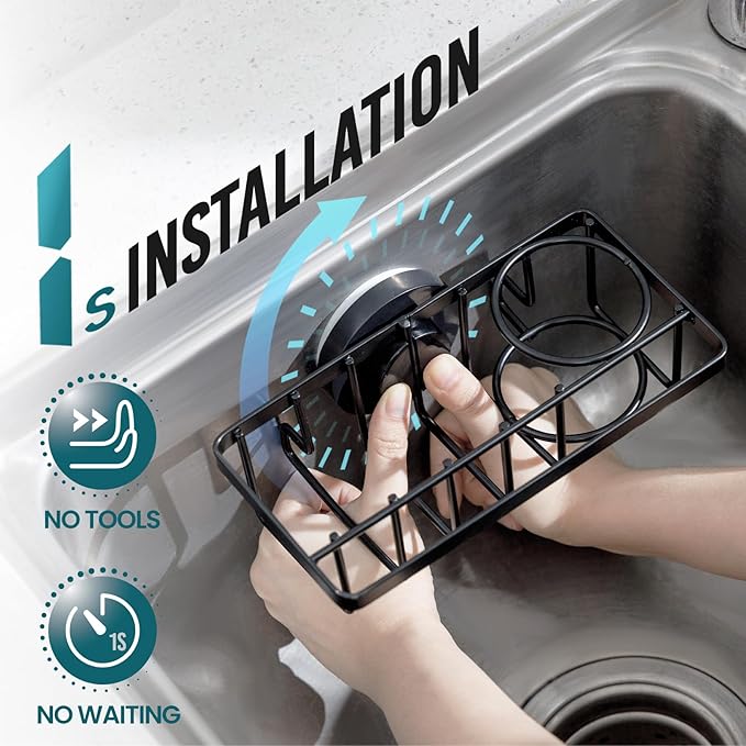 TAILI 4-in-1 Rustproof Sink Caddy & Sponge Holder with Removable Strong Suction Cup for Kitchen Sink - Black