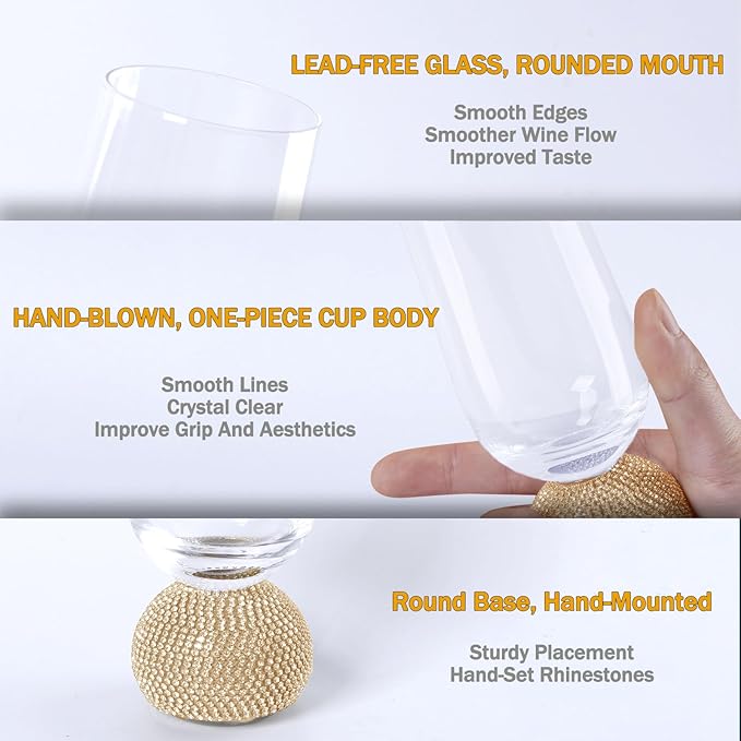 Champagne Flutes set of 4,Stemless Wedding Champagne Glasses,Unbreakable Crystal Fancy Mimosa Glasses,10 Oz Short Handle Champagne Flutes,for Engagement,Bachelorette Party,Birthday(Gold Clear)