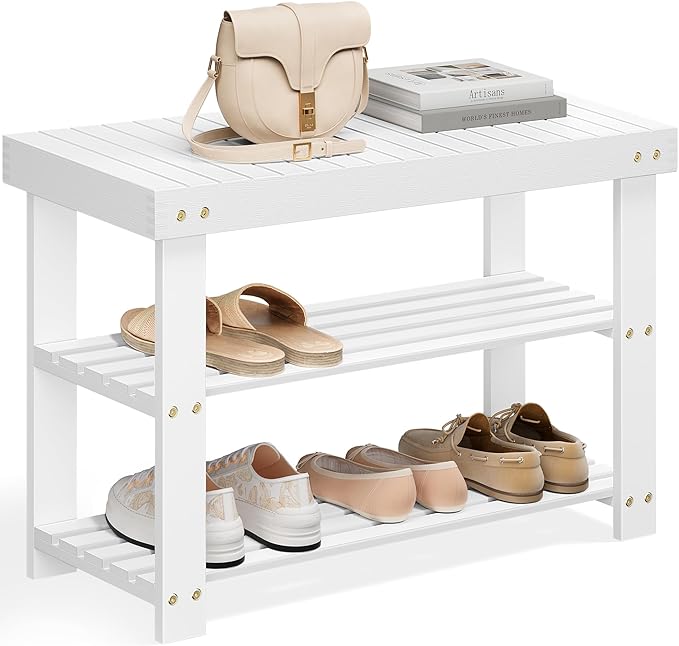 SONGMICS Shoe Rack Bench, 3-Tier Bamboo Shoe Storage Organizer, Entryway Bench, Holds Up to 286 lb, 11.3 x 27.6 x 17.8 Inches, for Entryway Bathroom Bedroom, Cloud White ULBS004W01