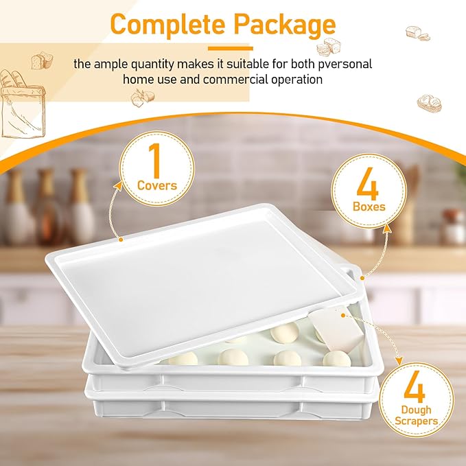 Tioncy 4 Pcs Pizza Dough Proofing Box Dough Container Stackable Trays with Lids Pizza Storage Container Collapsible for Storage Safekeeping, 25.98'' x 17.91'' x 3.23'', 4 Trays and 1 Covers