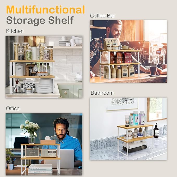 Cabinet Shelf Organizers, 15.7 inches Large Kitchen Counter Shelf, Set of 4 Wood Kitchen Pantry Organizer, Storage Shelves for Countertop, Spice Rack, Stackable, Expandable, Metal White, Nature