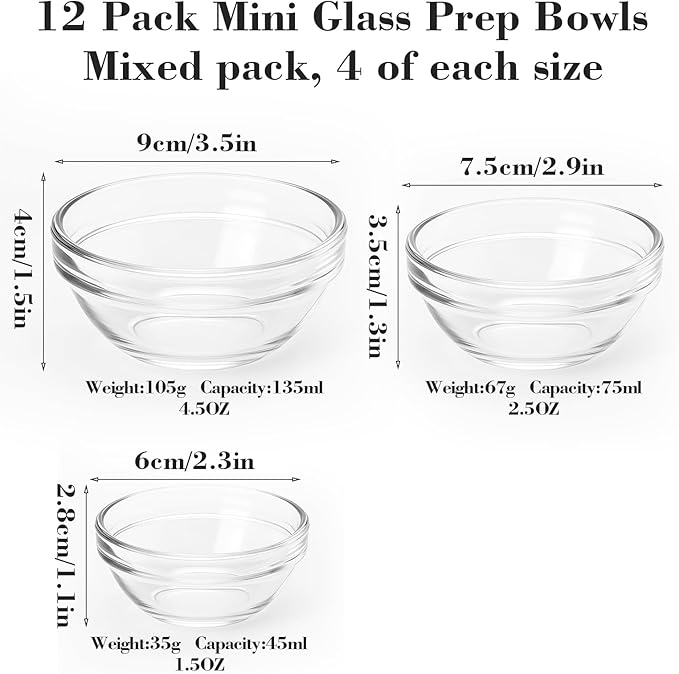 12-Piece Mini Glass Prep Bowls Set - 4x 1.5 oz, 4x 2.5 oz, 4x 4.5 oz Small Nesting Mixing Bowls for Kitchen, Food Prep, Spices, Sauces & Snacks