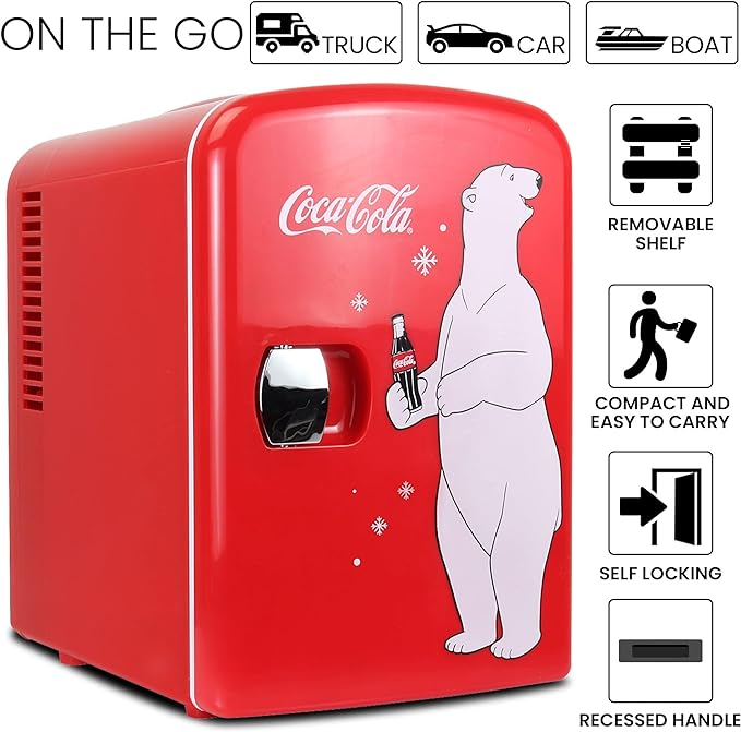 Coca Cola Polar Mini Fridge - Refrigerator for Bedroom Office, Portable Table Top Beverage Cooler, 12V 110V Refrigerador For Drinks, Soda, Wine, Use In Car, Dorm, Patio, 6 Can