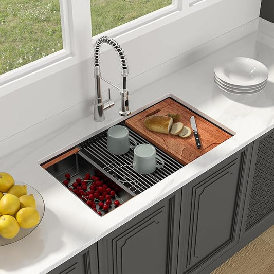 Lordear 36 Inch Black Undermount Kitchen Sink Workstation 16 Gauge Stainless Steel Single Bowl with Built-in Accessories, 36x19x9 Inch Gunmetal Black Nano-pvd