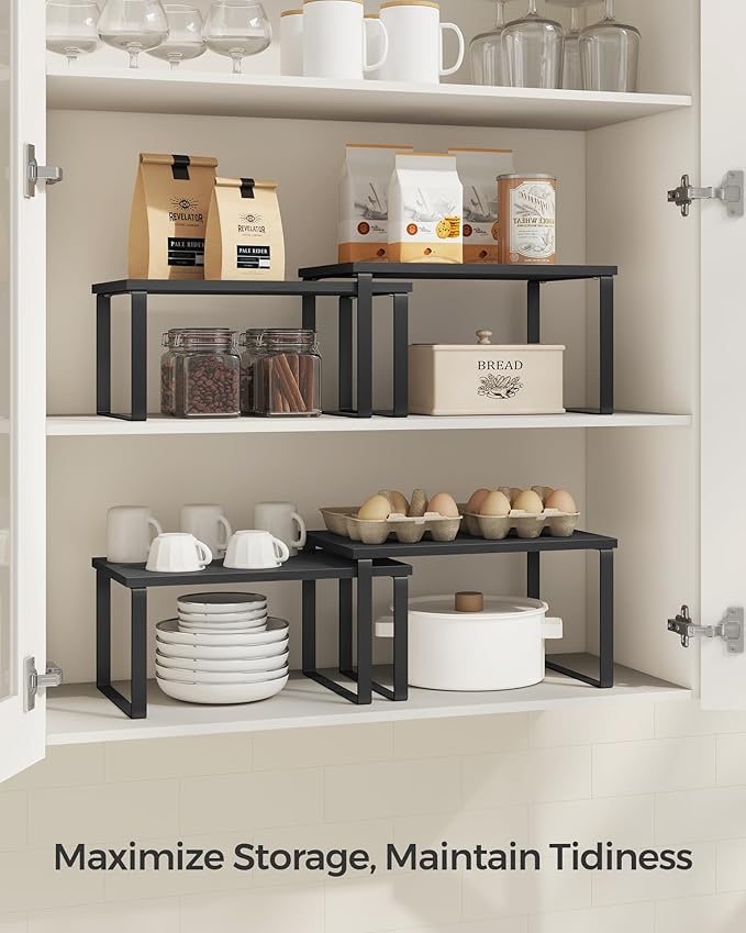 SONGMICS Cabinet Organizer Shelf, Set of 4 Kitchen Counter Shelves, Kitchen Storage, Spice Rack, Stackable, Expandable, Metal and Engineered Wood, Ink Black and Ebony Black UKCS027B01