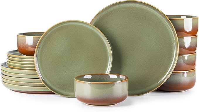 TheTerra Ceramic Dinnerware Sets, Handmade Reactive Glaze Plates and Bowls Set, Scratch Resistant Dish Set, Oven & Microwave & Dishwasher Safe, Service for 6, Brown Green