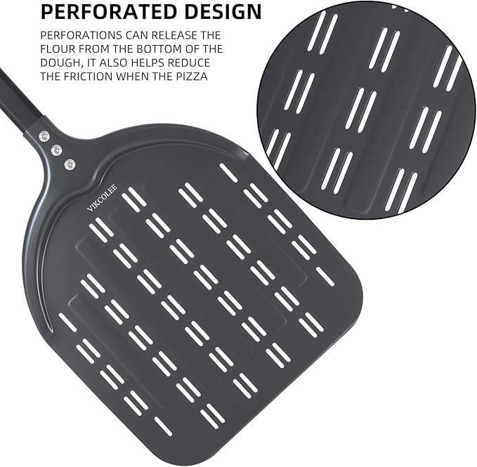 Perforated Pizza Peel, 12 x 14 Inch Rectangular Pizza Turning Peel, Professional Anodized Aluminum Turning Pizza Spatula, 26 inch overall