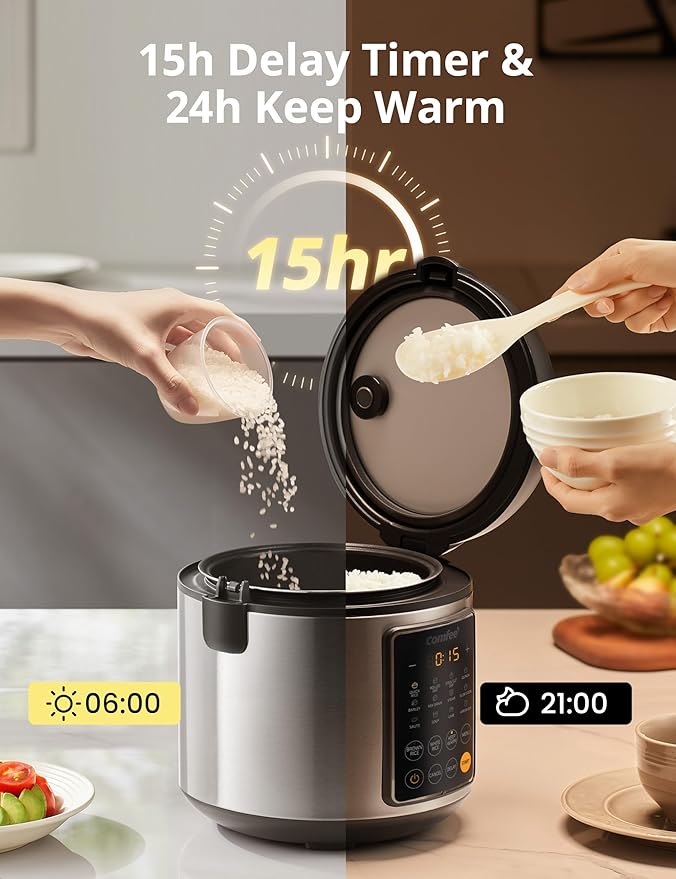COMFEE' Rice Cooker, 14-in-1 Stainless Steel Multi Cooker, Slow Cooker, Steamer, Sauté, and Warmer, 5.3 QT, 20 Cups Cooked (10 Cups Uncooked), Brown Rice, Quinoa and Oatmeal