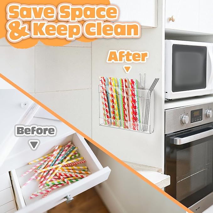 9.5" Acrylic Straw Holder with Double Sided Adhesive and Stickers,Reusable Straws Organizer Storage Dispenser for Counter Cabinet Cupboard Kitchen Door (Transparent)