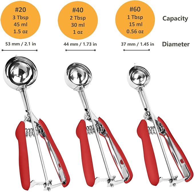 Cookie Scoop Set, 3Pcs Ice Cream Scoop, Cookie Scoops for Baking Set of 3, 18/8 Stainless Steel Cookie Scooper for Baking, Ice Cream Scooper with Trigger Release, Red Soft Grip Cookie Dough Scoop