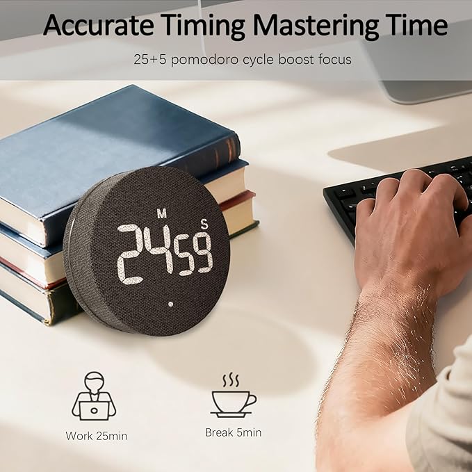 AVINIA Desk Timer for Productivity Magnetic Digital Kitchen Timer Rechargeable Fabric Mesh Cover 99 Mins Countdown/Count Up Stylish Efficana Konah Home Timmer for Cooking-Black
