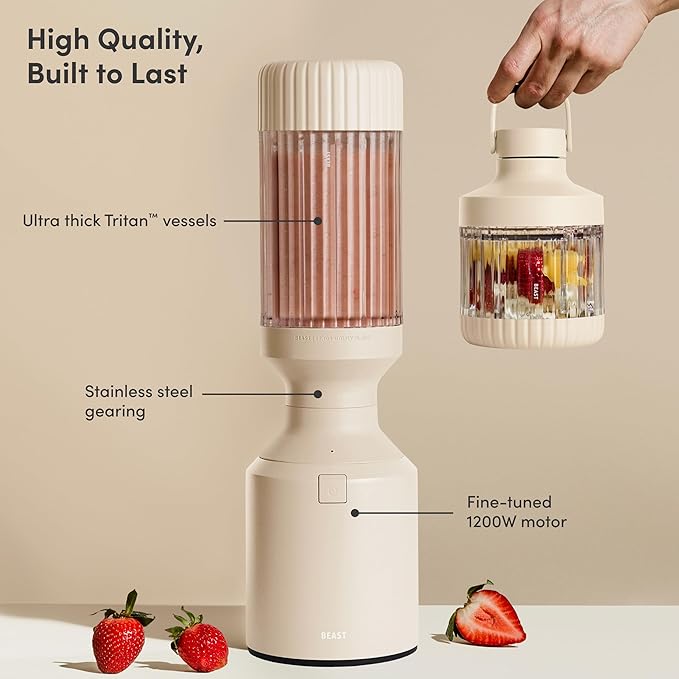 Beast Mega 1200 Plus | Premium Countertop Blender | Smoothies, Shakes, Sauces, Dips, Soups | Blends Ice and Frozen Fruit | XL Vessel | With Extra Vessels, Straw System | 1200W | (Sand, 120V)