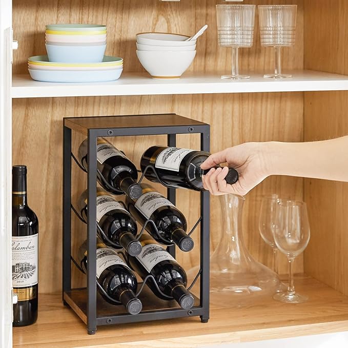 IBUYKE Rustic Wood 6 Bottles Wine Rack for Countertop,3 Tier Free Standing Wine Rack,Wine Bottle Holder Stand Organizer for Home Decor Bar,Cabinet, Pantry,Countertop TMJ901H