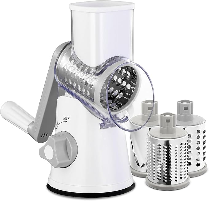 Rotary Cheese Grater with Handle - 3 in 1 Cheese Shredder Rotary Grater Stainless Steel Handheld, Vegetable Slicer for Fruit, Cheese, Nuts(White)