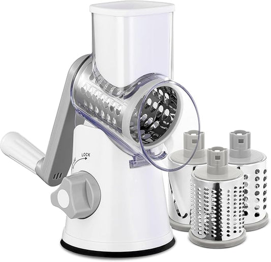Rotary Cheese Grater with Handle - 3 in 1 Cheese Shredder Rotary Grater Stainless Steel Handheld, Vegetable Slicer for Fruit, Cheese, Nuts(White)