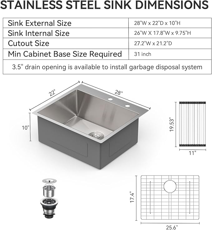 Lordear 28 Drop In Kitchen Sink 28 x 22 Kitchen Sink Single Bowl Drop In Stainless Steel 16-Gauge R10 Tight Radius Topmount Kitchen Sink