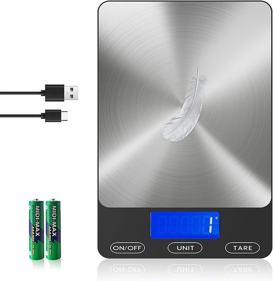 Food Scale -33lb Digital Kitchen Scale for Food Ounces Grams Rechargeable 305 Stainless Steel,Batteries and Type-C Charging | Perfect for Meal Prep, Cooking, and Baking, Black