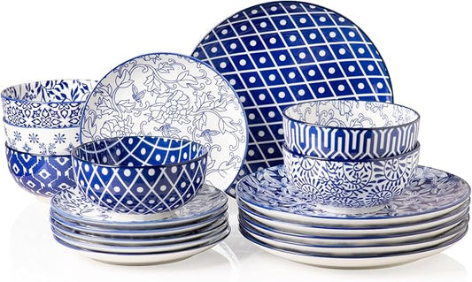 Sweejar 18 Pieces Ceramic Dinnerware Sets, Handmade Plates and Bowls Sets, Highly Scratch Resistant Dishes Set for Kitchen,Porcelain Dishwasher & Microwave Safe Dishes Set,Service for 6 (Vintage Blue)