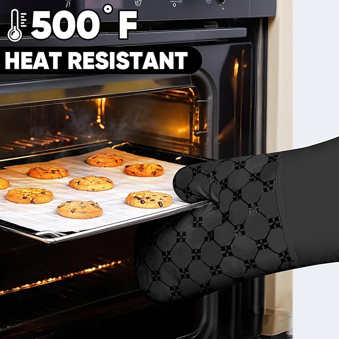 Oven Mitts Kitchen Towels Dishcloths with Pot Holders Sets 12PCS, Dish Towels Sets, Oven Gloves Pot Pads Heat Resistant 500 Degrees with Non-Slip Silicone Surface for Cooking Baking Grilling Black