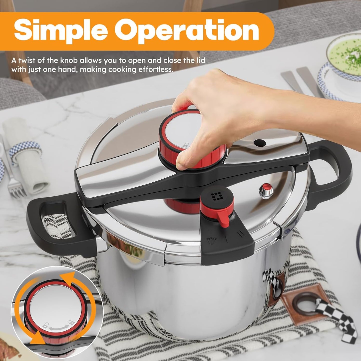 BreeRainz 8.45QT 304 Stainless Steel Pressure Cooker, 3-Stage PSI Settings, One-Hand Locking,Explosion-Proof Pot w/Extra Glass Lid, Timer, Steaming Rack(Induction Compatible)