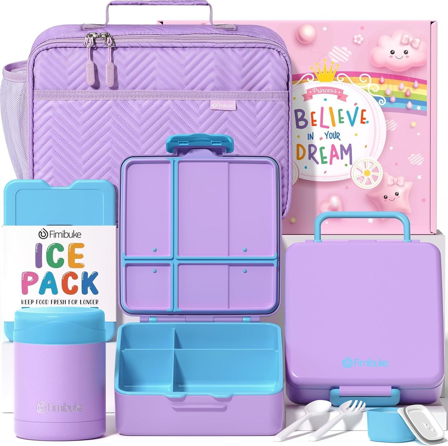 Fimibuke Kids Bento Snack Lunch Box with 4 Compartment, Insulated Bag, Stainless Steel Vacuum Thermos Food Jar, Ice Pack, Utensils Set, Birthday Gift for Age 3-12 Back to School Toddler Girl Boy Adult